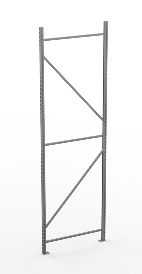 m2tsubf0hcrdcixxaeec.jpg A metal shelving frame standing upright, featuring vertical beams with evenly spaced holes and diagonal support bars for stability, against a plain white background.