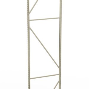 A tall, beige metal frame with diagonal support bars and evenly spaced holes along the vertical beams, set against a white background.