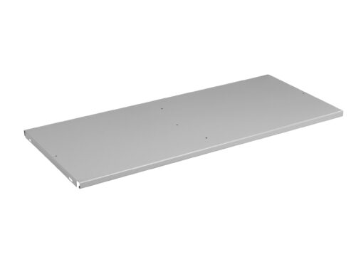 Rectangular flat metal sheet with a smooth surface, featuring two small holes and some light reflections.