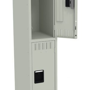 A tall, light gray metal locker with two compartments. The top compartment door is open, revealing an empty space inside, while the bottom compartment door is closed. Each door features a recessed handle and ventilation slots.