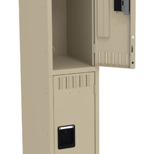 An open beige metal locker with two compartments, one door open and one closed. The interior reveals hooks and a shelf. The locker stands on four legs.