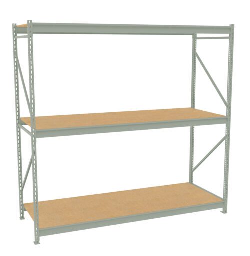 Metal shelving unit with three wooden shelves, designed for storage. The frame is light gray with vertical support bars and diagonal reinforcement on the sides. The shelves are evenly spaced and appear sturdy.