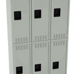 A beige metal locker unit with six compartments arranged in two columns and three rows. Each locker door has a black rectangular handle and small ventilation slots near the top and bottom.