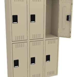 A beige metal locker unit with six compartments arranged in two rows of three. The top right door is open, showing the empty interior. Each door features a black handle and ventilation slots.