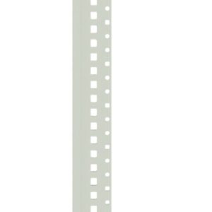 A thin, light gray metallic strip with evenly spaced, small rectangular notches along one edge, set against a plain white background.