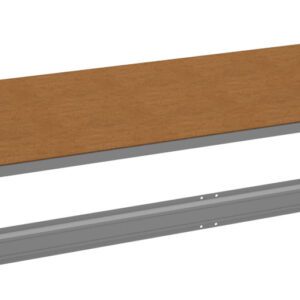 Exploded view of a tabletop assembly. A rectangular brown tabletop is centered, with metal frame components and support beams surrounding it. Two side rails are on the left, and a larger rail is at the bottom of the image.