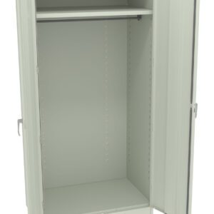 An open, empty metal cabinet with two doors and a single shelf inside. The cabinet is light gray and appears to have adjustable shelf positions along the sides. The doors have handles on each side.