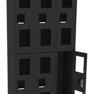 A black locker unit with a 2x3 arrangement, featuring six compartments. Each has a transparent window and a handle. The bottom right compartment door is open, revealing an empty interior.