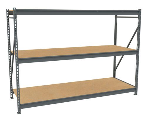A large, empty metal shelving unit with three wooden shelves. It has a gray frame and is designed for heavy-duty storage. The background is plain white.