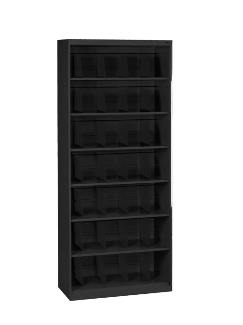 nkadx9scjsiy1orzfa0d.jpg A tall, black metal storage shelf with multiple shelves, each containing several small black storage bins organized in rows. The bins are open at the top for easy access. There are no visible contents in the bins.