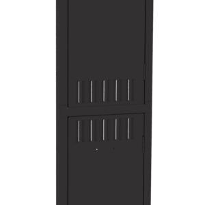 A tall, black, metal locker with two compartments stacked vertically, each featuring a small rectangular handle and ventilation slots. The locker doors are closed.
