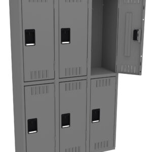 Gray metal locker with six compartments arranged in two rows of three. The lockers have ventilation slots and black handles. The top right compartment door is open, revealing an empty interior.