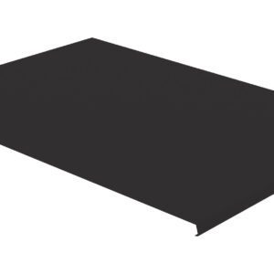 A black, flat, rectangular metal bracket viewed from an angle against a white background.