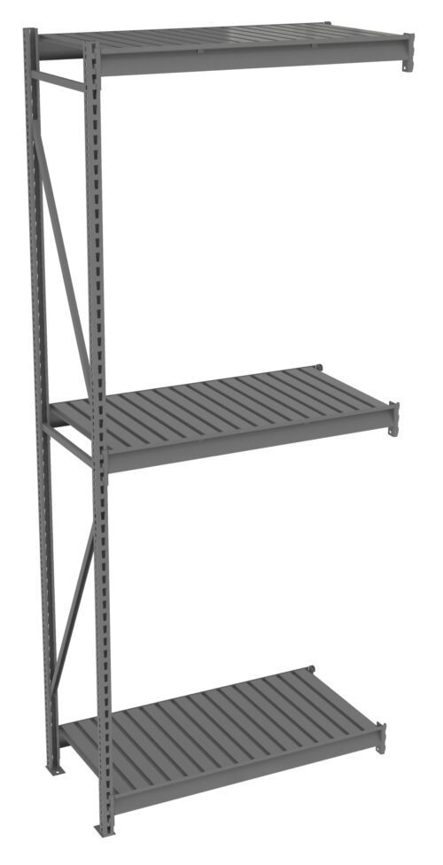 A three-tier gray metal storage shelving unit with slatted shelves. The structure is supported by vertical beams and diagonal bracing on the left side. The shelves are evenly spaced, providing ample storage space.