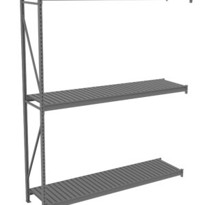 Gray metal shelving unit with three slatted shelves and a vertical support structure on the left. The design is minimalist and industrial, suitable for storage or organizational purposes.