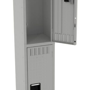 A tall, gray metal locker with two compartments. The top door is open, revealing an empty interior, while the bottom door remains closed. Both doors have ventilation slits and built-in locks. The locker stands on short legs.