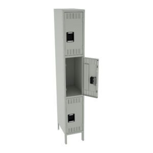 A tall, gray metal locker with three compartments. The middle compartment door is open, showing an empty interior. The other two compartments are closed. Each door has a black handle and vent slots near the top. The locker stands on four legs.