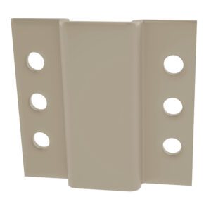 A beige metal bracket with a central raised section and two flat wings, each featuring three evenly spaced round holes.