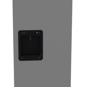 A tall, rectangular gray metal cabinet door with a set of vertical ventilation slits at the top and bottom. There is a black, recessed handle in the center for opening the door.