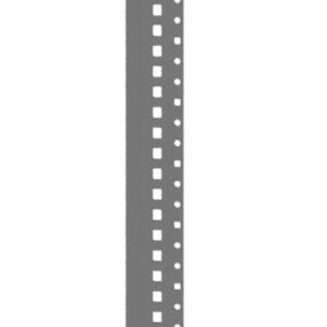 A vertical, narrow, gray metal rack strip with evenly spaced teeth along its length, resembling a gear rack used in mechanical systems. The background is white.