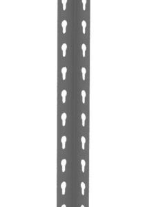 A tall, gray, metal street sign pole with evenly spaced holes along both sides, standing vertically against a plain background.