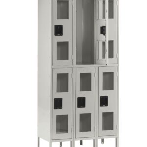 A tall, gray metal locker with six compartments arranged in two columns. Each compartment has a transparent window and a black handle. One of the upper compartments is open, showing the empty interior.