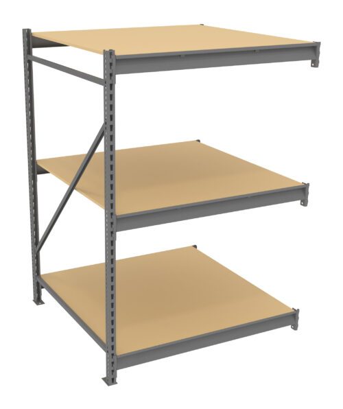 A three-tier industrial storage shelf with a metallic frame and beige wooden shelves. The sturdy structure has an open design with each shelf supported by cross braces on the side. It is empty and stands alone against a plain background.