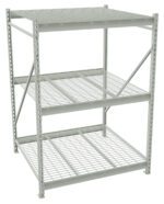 A gray metal storage rack with three levels. The shelves consist of a grid-like wire design. The structure is supported by vertical beams with diagonal supports for added stability. The rack is empty and stands on a plain white background.