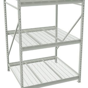 A gray metal storage rack with three levels. The shelves consist of a grid-like wire design. The structure is supported by vertical beams with diagonal supports for added stability. The rack is empty and stands on a plain white background.
