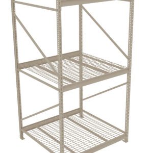 A beige metal shelving unit with three levels, made of mesh-like grids. It has vertical supports with diagonal bracing for stability. The shelves appear sturdy and are suitable for heavy-duty storage purposes.