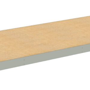 A rectangular wooden shelf with a light brown surface and metal edges on all sides. The shelf appears smooth and unadorned, resting horizontally against a plain white background.