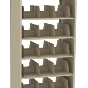 A beige storage shelf unit with multiple adjustable shelves, each featuring several inclined dividers. The unit is empty and designed for organizing items such as files or small boxed products.