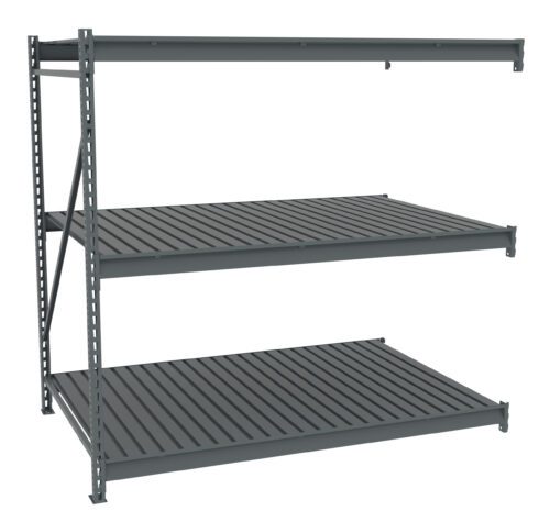 sethpaebplwgitbccmoi.jpg A large, empty, industrial metal shelving unit with three horizontal shelves and vertical supports, shown against a white background. The shelves are evenly spaced and designed for heavy-duty storage.