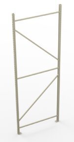 A metal shelving unit frame with a triangular cross-bracing design. It stands vertically on a white background, with perforated sides for adjustable shelves.