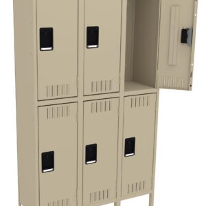 A beige metal locker unit with six compartments arranged in two rows of three. The top right compartment is open, revealing an empty interior. The lockers have black rectangular handles and small ventilation slits.