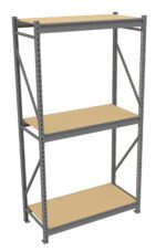 A metal shelving unit with three wooden shelves, supported by a gray metal frame with diagonal supports. The unit is empty and stands against a plain white background.