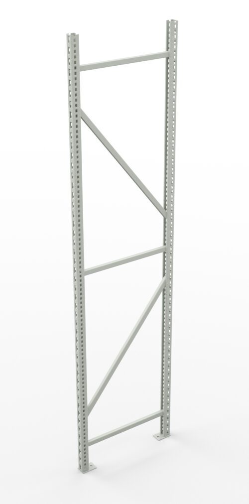 A metal frame with vertical posts and crossbars, designed for structural support or storage. The frame is light gray and features perforated holes along the vertical posts, allowing for adjustable assembly. The background is plain white.