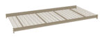 A beige metal shelf with a grid pattern, designed for storage or organizing items. It is rectangular and features supporting bars for stability.