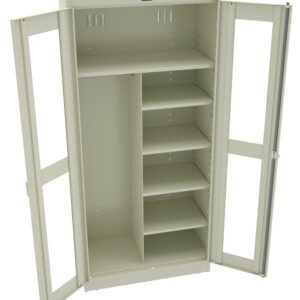 Metal storage cabinet with open double doors revealing multiple shelves on the right side and a large open space on the left. The cabinet is light gray and has a simple, functional design.