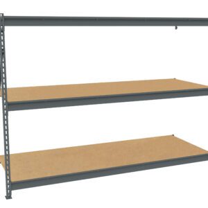 A metal shelving unit with three tiers of wide, flat wooden shelves. The frame is made of dark gray metal with holes for adjustable shelving. The design is simple, industrial, and functional, suitable for storage or organization.