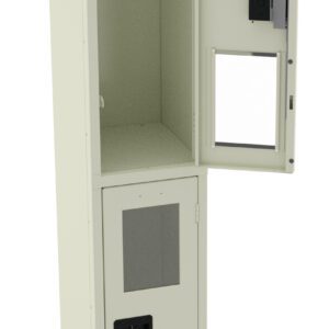 A beige, metal locker with an open top door and a closed bottom door. The top section has a transparent panel and a black latch, while the bottom door features two mesh windows and a black handle.