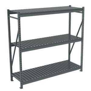 A grey metal shelving unit with three adjustable shelves. The shelves have a slatted design, and the unit includes sturdy support beams for stability. Its set against a plain white background.