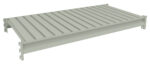 Rendered image of a light gray, rectangular metal tray with a ribbed surface and slight upward turned edges. The tray appears industrial, possibly for use in construction or manufacturing.