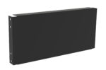 A dark, rectangular metal panel with a smooth surface, featuring two holes on its left edge. The panel is shown at an angle, revealing its thickness and the holes for mounting. The background is plain and white.