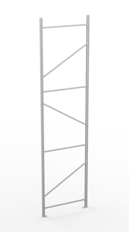 A tall, gray metal shelving frame with vertical supports and diagonal crossbars, standing upright against a white background.