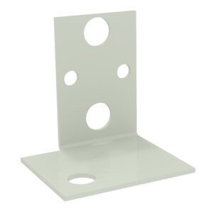 A light green metal bracket with an L-shape design featuring five circular holes of varying sizes. The vertical part has three holes, and the horizontal part has two holes, allowing for versatile mounting options.