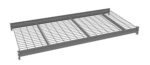 A gray metal grate with a rectangular shape and a grid pattern, supported by a solid frame.