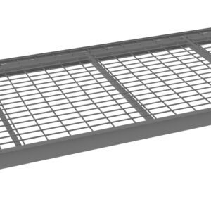 A gray metal grate with a rectangular shape and a grid pattern, supported by a solid frame.