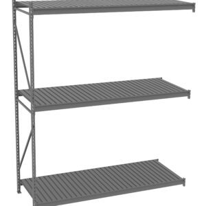 A gray industrial metal shelving unit with three adjustable horizontal shelves. The shelves have a slatted design and are supported by vertical beams and cross braces on the sides for stability.