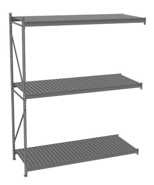 A gray industrial metal shelving unit with three adjustable horizontal shelves. The shelves have a slatted design and are supported by vertical beams and cross braces on the sides for stability.